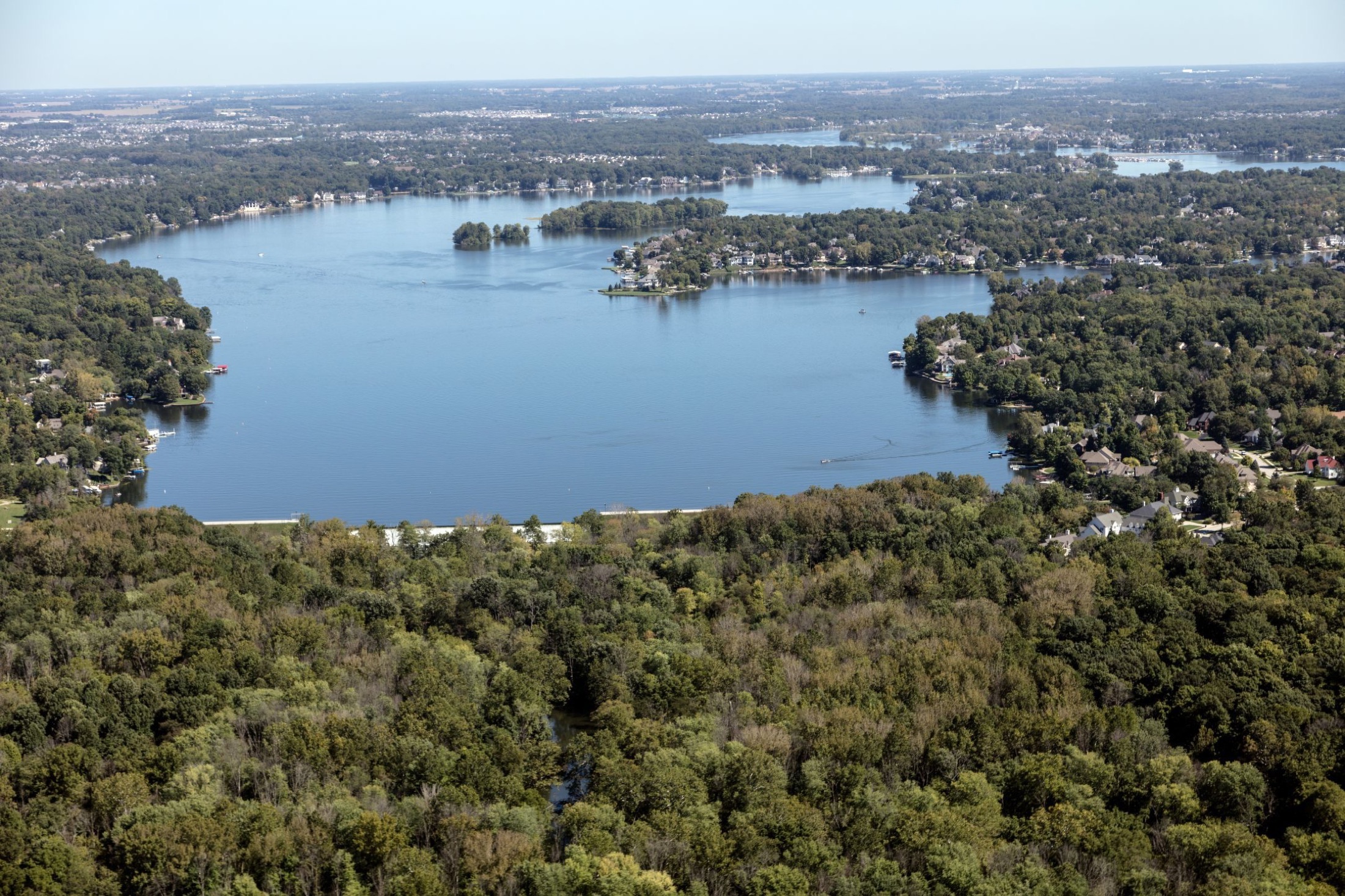 Aerial view of Geist Reservoir and nearby homes